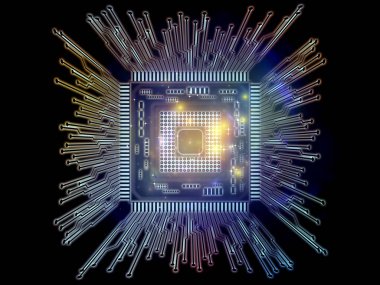 Makine serisi hesaplanıyor. Bilgisayar bilimi, dijital dünya, sanal gerçeklik ve modern teknoloji konularına perspektif olarak Fraktal ortama sahip üç boyutlu CPU çizimi