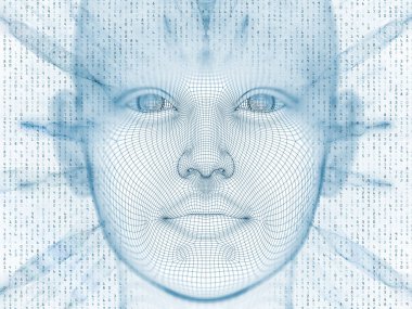 3D render - zihin alan serisi. Arka plan tasarım başkanı tel kafes yapay zeka, bilim ve teknoloji konusunda insan modeli ve fraktal patters