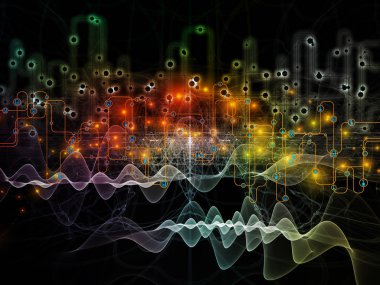 Bağlı dünya serisi. Ağ diyagramları, yüksek teknoloji sembolleri ve fraktal desenleri modern teknoloji, eğitim ve bilgisayar iletişim konusunda