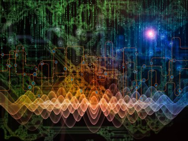 Bağlı dünya serisi. Ağ diyagramları, yüksek teknoloji sembolleri ve modern teknoloji, eğitim ve bilgisayar iletişim konusunda fraktal desenler arka plan tasarımı