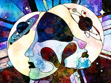 Lekeli Glass Forever serisi. Aşıkların kafaları birbirine bakıyor. Evrenin rengarenk desenleri ve sembolleri arasında eğitim, bilgi ve karşılıklı birlik üzerine..