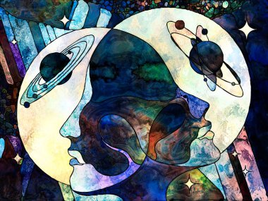 Lekeli Glass Forever serisi. Bilim, iç gerçeklik ve yaşamın birliği üzerine evrenin rengarenk desenleri ve sembolleriyle kadın ve erkek başları birbirlerini inceliyor..