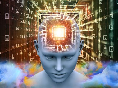 İşlemci serisi için sorun. İnsan kafasına perspektif yapay zeka, akıl, kitle iletişim araçları ve modern teknoloji projeleri için Cpu ile 3D çizimi