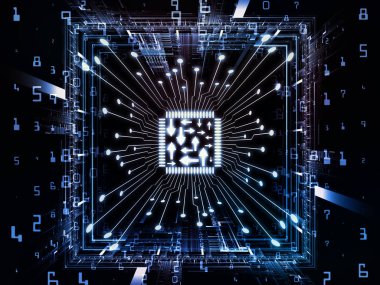 Bilgi işlem makinesi serisi. bilgisayar bilimi, dijital dünyada, sanal gerçeklik ve modern teknoloji Cpu 3D çizimi için perspektif fraktal ortamında ile çalışır