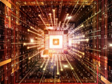 Makine serisi hesaplanıyor. Bilgisayar bilimi, dijital dünya, sanal gerçeklik ve modern teknoloji konularına perspektif olarak Fraktal ortama sahip üç boyutlu CPU çizimi