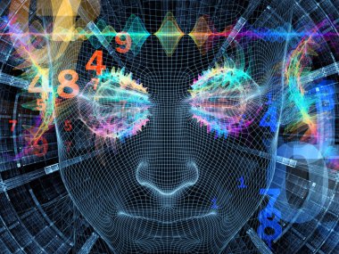 Zihin serisi yayılıyor. insan zihni, yapay zeka ve sanal gerçeklik mecazi ilişki insan baş ve fraktal desenle Çelik hasır modeli 3D render