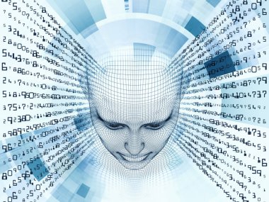 3D render - zihin alan serisi. Yapay zeka, bilim ve teknoloji konusu için tel kafes insan modeli ve fraktal patters başkanı yaratıcı düzenleme