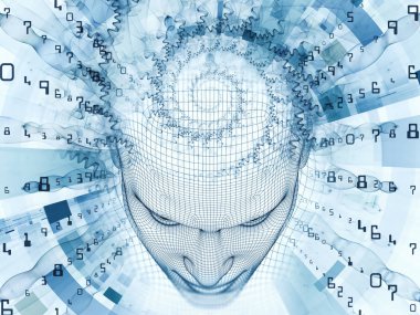 3D render - zihin alan serisi. Yapay zeka, bilim ve teknoloji konusunda tasarım tamamlayacak tel kafes insan modeli ve fraktal patters başkanı fon