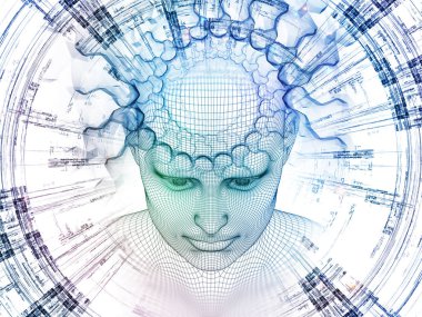 3D render - zihin alan serisi. Arka plan tasarım başkanı tel kafes yapay zeka, bilim ve teknoloji konusunda insan modeli ve fraktal patters