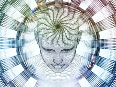 3D render - zihin alan serisi. Arka plan tasarım başkanı tel kafes yapay zeka, bilim ve teknoloji konusunda insan modeli ve fraktal patters