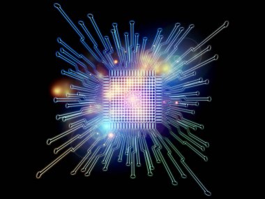 Makine serisi hesaplanıyor. Bilgisayar bilimi, dijital dünya, sanal gerçeklik ve modern teknoloji konularına perspektif olarak Fraktal ortama sahip üç boyutlu CPU çizimi