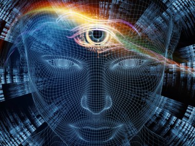 Zihin serisi yayılıyor. insan zihni, yapay zeka ve sanal gerçeklik mecazi ilişki insan baş ve fraktal desenle Çelik hasır modeli 3D render