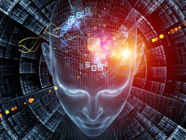 Zihin serisi yayılıyor. insan zihni, yapay zeka ve sanal gerçeklik mecazi ilişki insan baş ve fraktal desenle Çelik hasır modeli 3D render