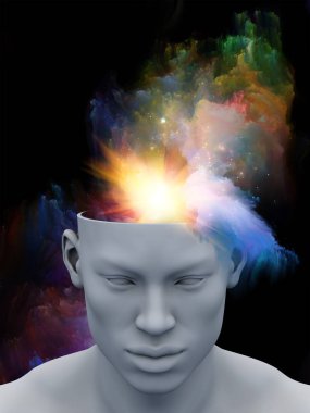 Zihin sis. renkli fraktal bulutlar ile insan kafası 3D çizim sanat, psikoloji, yaratıcılık, hayal ve Düşler konularda için.