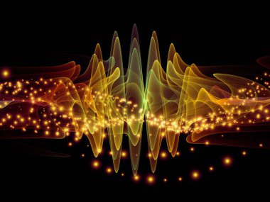 Dalga Fonksiyonu serisi. Ses eşitleyici, müzik spektrumu ve kuantum olasılığının metaforu olarak renkli sinüs titreşimleri, ışık ve fraktal elementlerden oluşan tasarım