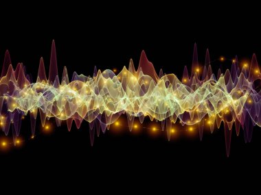 Dalga Fonksiyonu serisi. Ses eşitleyici, müzik spektrumu ve kuantum olasılığının metaforu olarak renkli sinüs titreşimleri, ışık ve fraktal elementlerden oluşan tasarım