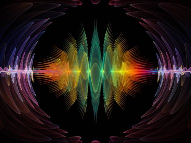 Dalga fonksiyonu serisi. Renkli sinüs titreşimler arka plan kompozisyon, ışık ve fraktal öğeleri ses ekolayzer, konu üzerinde müzik spektrum ve kuantum olasılık