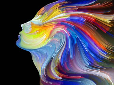 Yüz renk serisi. İnsan profili ve yaratıcılık, tasarım, iç dünya, içgüdü ve sanatsal ruh konusunda boya hareketli renkli çizgiler bileşimi