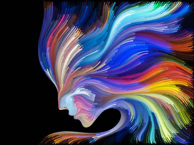 Yüz renk serisi. İnsan profili ve yaratıcılık, tasarım, iç dünya, içgüdü ve sanatsal ruh konusunda boya hareketli renkli çizgiler