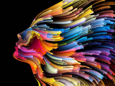 Renk serisinin yüzü. İnsan profilinin düzenlenmesi ve yaratıcılık, tasarım, iç dünya, insan doğası ve sanatsal ruh konularında renkli çizgiler