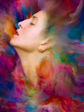 Dünya serisi. Duygular, duygular, iç dünya, yaratıcılık ve hayal gücü üzerine projeler için uygun bir zemin olarak canlı boyayla kaynaştırılmış kadın portresinin bileşimi