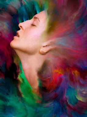 Dünya serisi. Duygular, duygular, iç dünya, yaratıcılık ve hayal gücü üzerine projeler için uygun bir zemin olarak canlı boyayla kaynaştırılmış kadın portresinin bileşimi