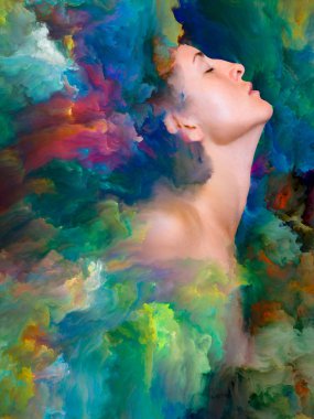 Dünya serisi. Kadın portresinin arka planı duygular, duygular, iç dünya, yaratıcılık ve hayal gücü üzerine canlı boyalar ile kaynaştırılmış.