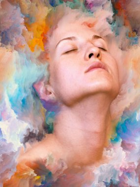 Dünya serisi. Kadın portresinin arka plan tasarımı duygular, duygular, iç dünya, yaratıcılık ve hayal gücü üzerine canlı boyalar ile kaynaştırılmış.