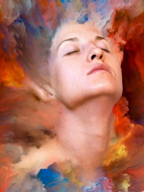 Dünya serisi. Kadın portresinin arka plan tasarımı duygular, duygular, iç dünya, yaratıcılık ve hayal gücü üzerine canlı boyalar ile kaynaştırılmış.