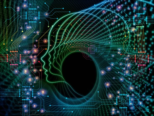 CPU zihin serisi. İnsan yüzü siluet ve teknoloji sembolleri, bilgisayar bilimi, yapay zeka ve iletişim için Grafik bileşimi