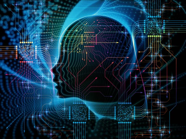 CPU zihin serisi. İnsan yüzü siluet ve teknoloji sembolleri inşaat üstünde bilgisayar bilimi, yapay zeka ve iletişim için zemin tasarımı