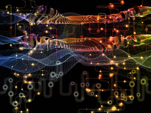 Bağlı Dünya serisi. Modern teknoloji, eğitim ve bilgisayar iletişimi konularında bir kavram metaforu olarak ağ diyagramlarının yaratıcı düzenlenmesi, yüksek teknoloji sembolleri ve fraktal desenler