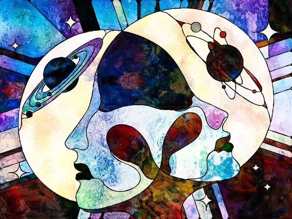 Lekeli Glass Forever serisi. Aşıkların kafaları birbirine bakıyor. Evrenin rengarenk desenleri ve sembolleri arasında eğitim, bilgi ve karşılıklı birlik üzerine..