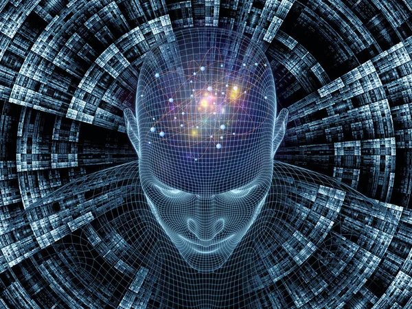 Zihin serisi yayılıyor. insan zihni, yapay zeka ve sanal gerçeklik mecazi ilişki insan baş ve fraktal desenle Çelik hasır modeli 3D render