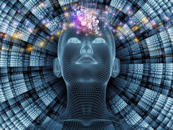 Zihin serisi yayılıyor. insan zihni, yapay zeka ve sanal gerçeklik mecazi ilişki insan baş ve fraktal desenle Çelik hasır modeli 3D render