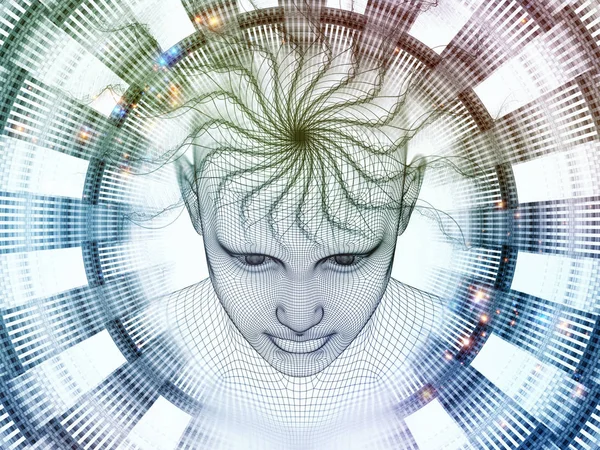 3D render - zihin alan serisi. Arka plan tasarım başkanı tel kafes yapay zeka, bilim ve teknoloji konusunda insan modeli ve fraktal patters