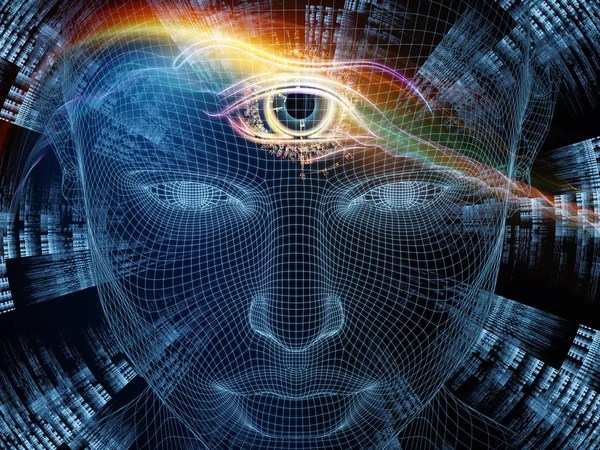 Zihin serisi yayılıyor. insan zihni, yapay zeka ve sanal gerçeklik mecazi ilişki insan baş ve fraktal desenle Çelik hasır modeli 3D render