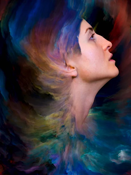 Onun Dünya serisi. Duygular, duygular, iç dünya, yaratıcılık ve hayal gücü projelerde kullanmak için canlı boya ile kadın portresi oluşan zemin erimiş