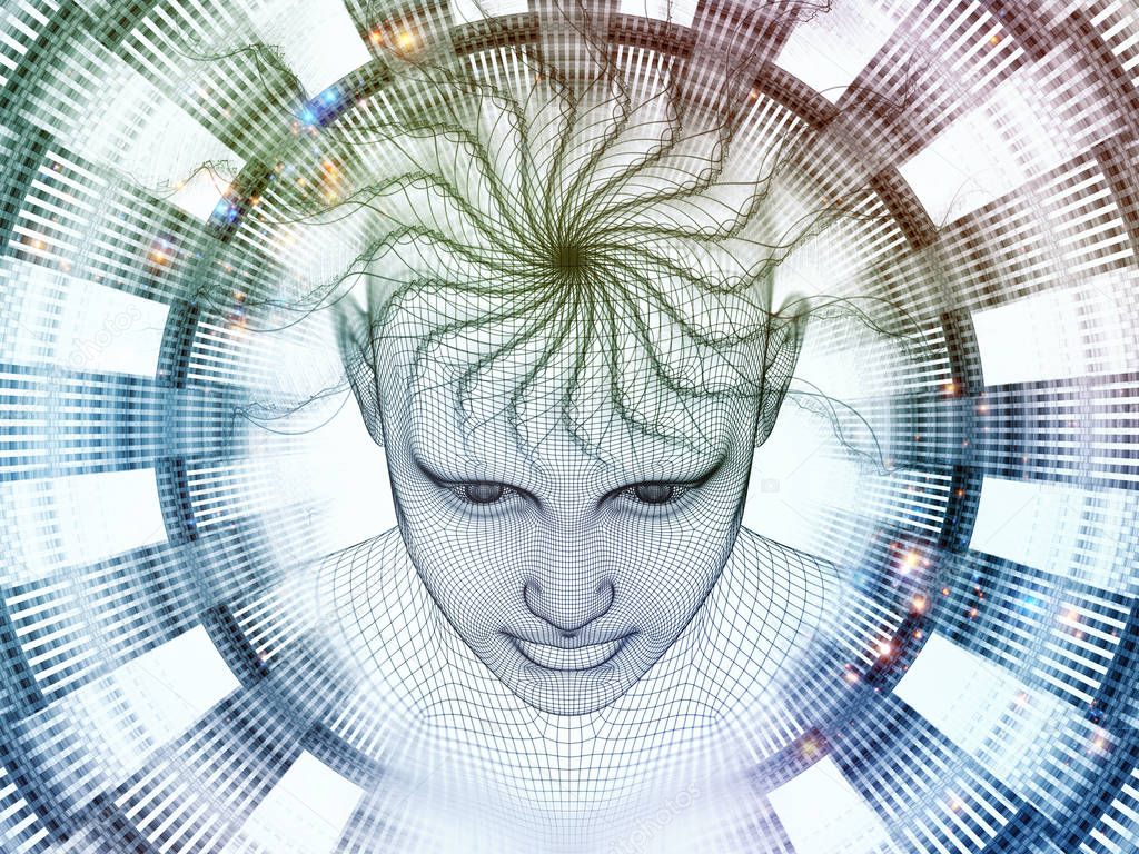 3D Rendering - Mind Field series. Background design of head of wire mesh human model and fractal patters on the subject of artificial intelligence, science and technology