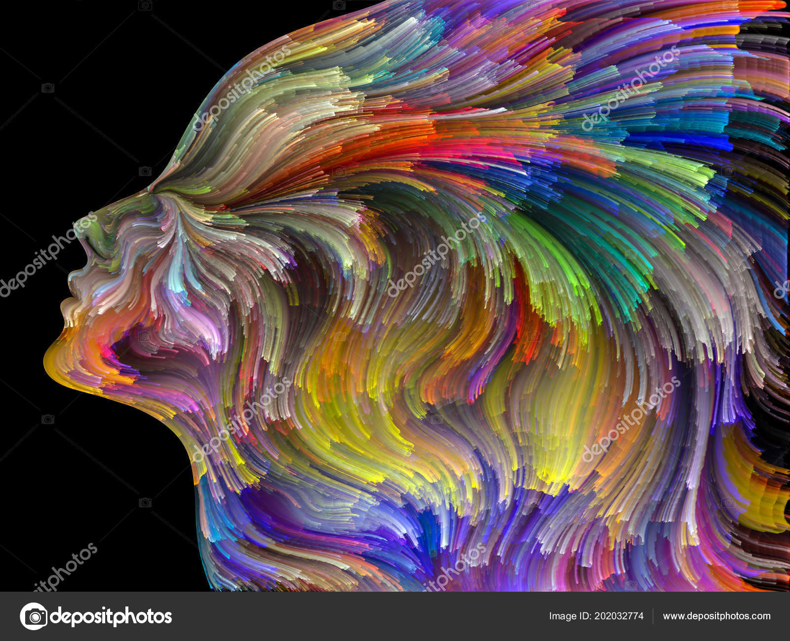 Face Color Series Interplay Human Profile Colorful Lines Moving Face Color Series Interplay Human Profile Colorful Lines Moving Paint Stock Photo