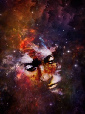 Sizin serisi Bulutsusu. Algı, hayal gücü, iç dünya ve insan aklının konusunda kadın portre ve boşluk bulutsu soyut tasarım yapılmış