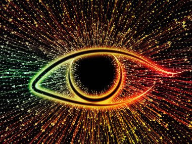 Bilgi serisi gözü. Görsel olarak inşaat üstünde bilim, eğitim ve modern teknoloji için göz simgesini ve ok patlama bileşimi hoş