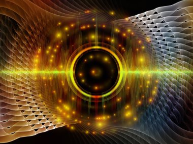 Dalga Fonksiyonu serisi. Ses eşitleyici, müzik spektrumu ve kuantum olasılığı üzerine renkli sinüs titreşimleri, ışık ve fraktal elementlerin arkaplanı