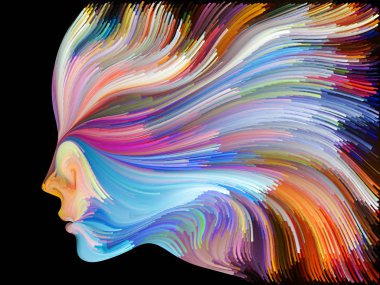 Renk serisinin yüzü. Yaratıcılık, tasarım, iç dünya, insan doğası ve sanatsal ruh projeleri için uygun bir zemin olarak insan profili ve renkli renkli boya çizgileri.