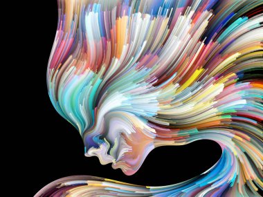 Yüz renk serisi. İnsan profili ve yaratıcılık, tasarım, iç dünya, içgüdü ve sanatsal ruh konusunda boya hareketli renkli çizgiler soyut tasarım yapılmış