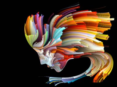 Yüz renk serisi. Görsel açıdan hoş insan profili bileşimi ve boya işleri yaratıcılık, tasarım, iç dünya, insan doğası ve sanatsal ruhu için hareketli renkli çizgiler