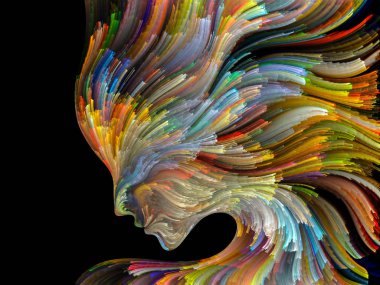 Yüz renk serisi. İnsan profili ve yaratıcılık, tasarım, iç dünya, içgüdü ve sanatsal ruh konusunda boya hareketli renkli çizgiler