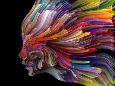 Yüz renk serisi. İnsan profili ve yaratıcılık, tasarım, iç dünya, içgüdü ve sanatsal ruh konusunda boya hareketli renkli çizgiler