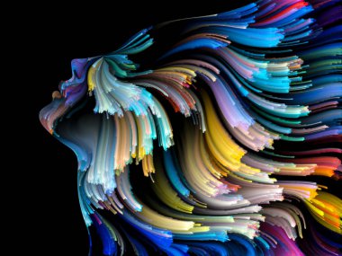 Yüz renk serisi. İnsan profili ve yaratıcılık, tasarım, iç dünya, içgüdü ve sanatsal ruh konusunda boya hareketli renkli çizgiler soyut tasarım yapılmış