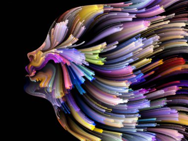 Yüz renk serisi. İnsan profili ve yaratıcılık, tasarım, iç dünya, içgüdü ve sanatsal ruh konusunda boya hareketli renkli çizgiler soyut tasarım yapılmış